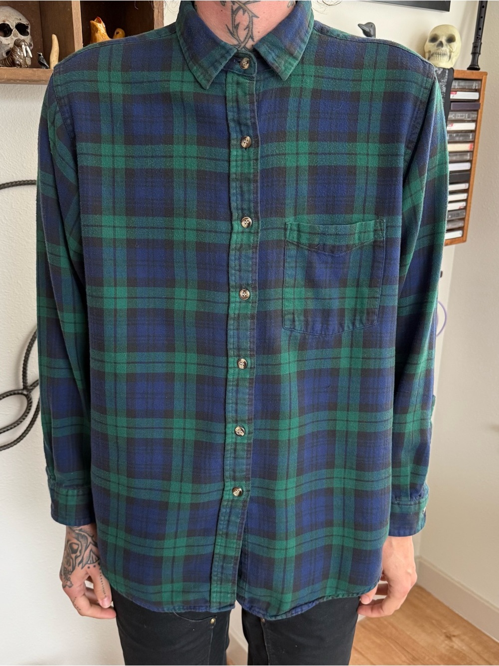 Vintage 90s L.L. Bean Black Watch Plaid Cotton Flannel Shirt ~ Size Large